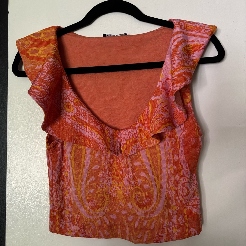 Zara Orange and Pink Ruffled Crop Tank Top